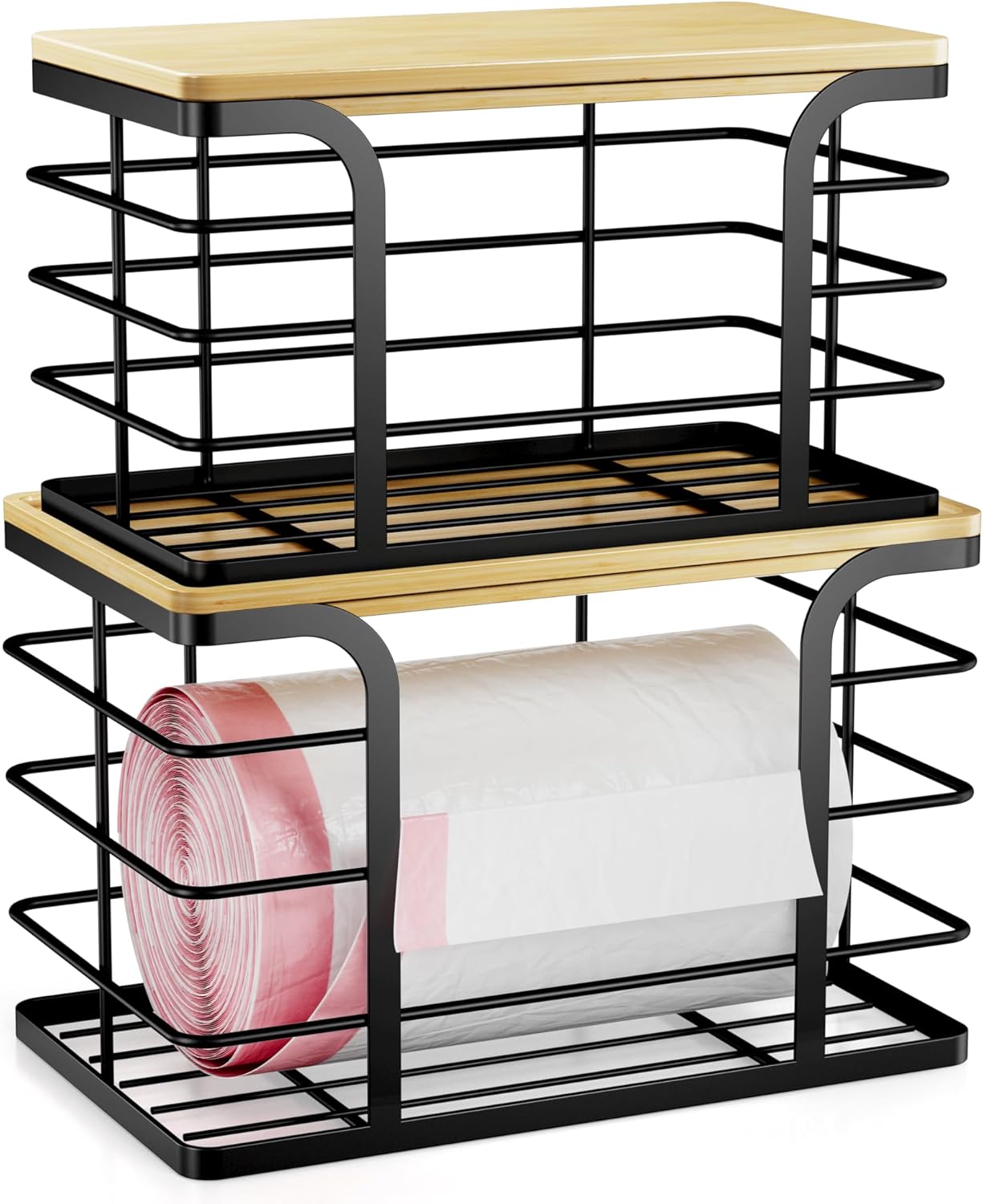 2 Pack Trash Bag Holder Stackable Storage for Kitchen Laundry Organization,Wall Mount Garbage Bag Dispenser with Bamboo Top,Large 2 Pack Trash Bag Holder Stackable Storage for Kitchen Laundry Organization,Wall Mount Garbage Bag Dispenser with Bamboo Top,Large