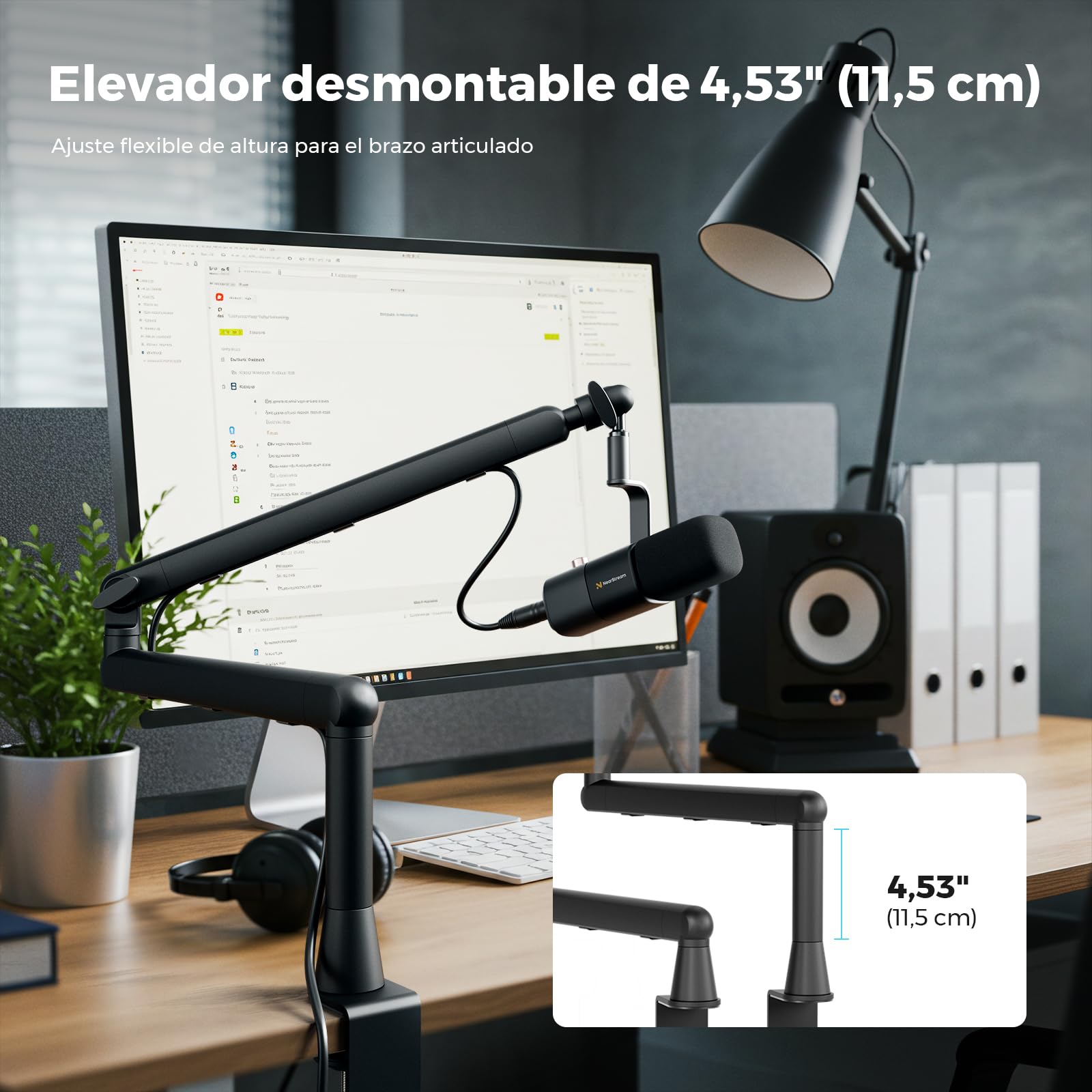 NearStream Soporte Micrófono con 3 Adaptadores (1/4", 3/8", 5/8"), Brazo Ajustable con Gestión de Cables, Elevador 4,5", Fijación Mesa para Podcast/Streaming/Juegos/Oficina (ST20)