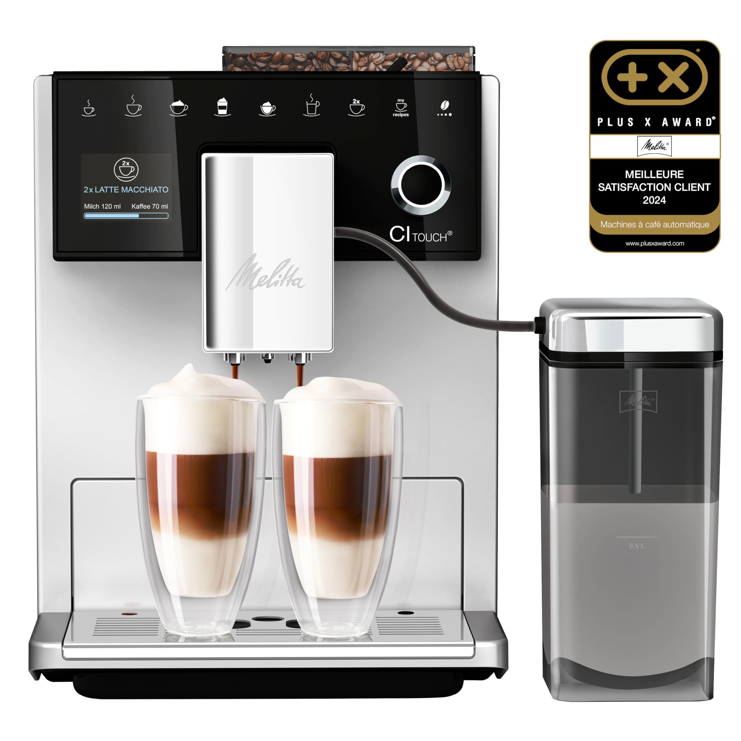 Melitta CI Touch Argent, Machine à Café à Grain avec Broyeur à Double Bac à Grains, Silencieuse, Fonction de Mémorisation My Coffee, Mode 1 à 2 Tasses, F630-101,1400W