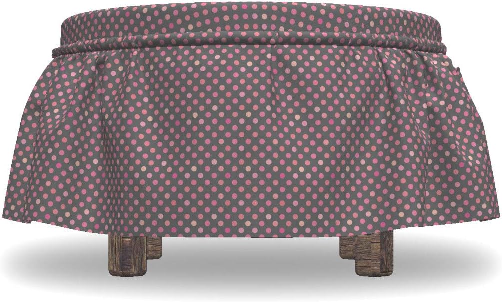 Lunarable Dusty Rose Ottoman Cover, Retro Polka Dots Pattern, 2 Piece Slipcover Set with Ruffle Skirt for Square Round Cube Footstool Decorative Home Accent, Standard Size, Charcoal Grey
