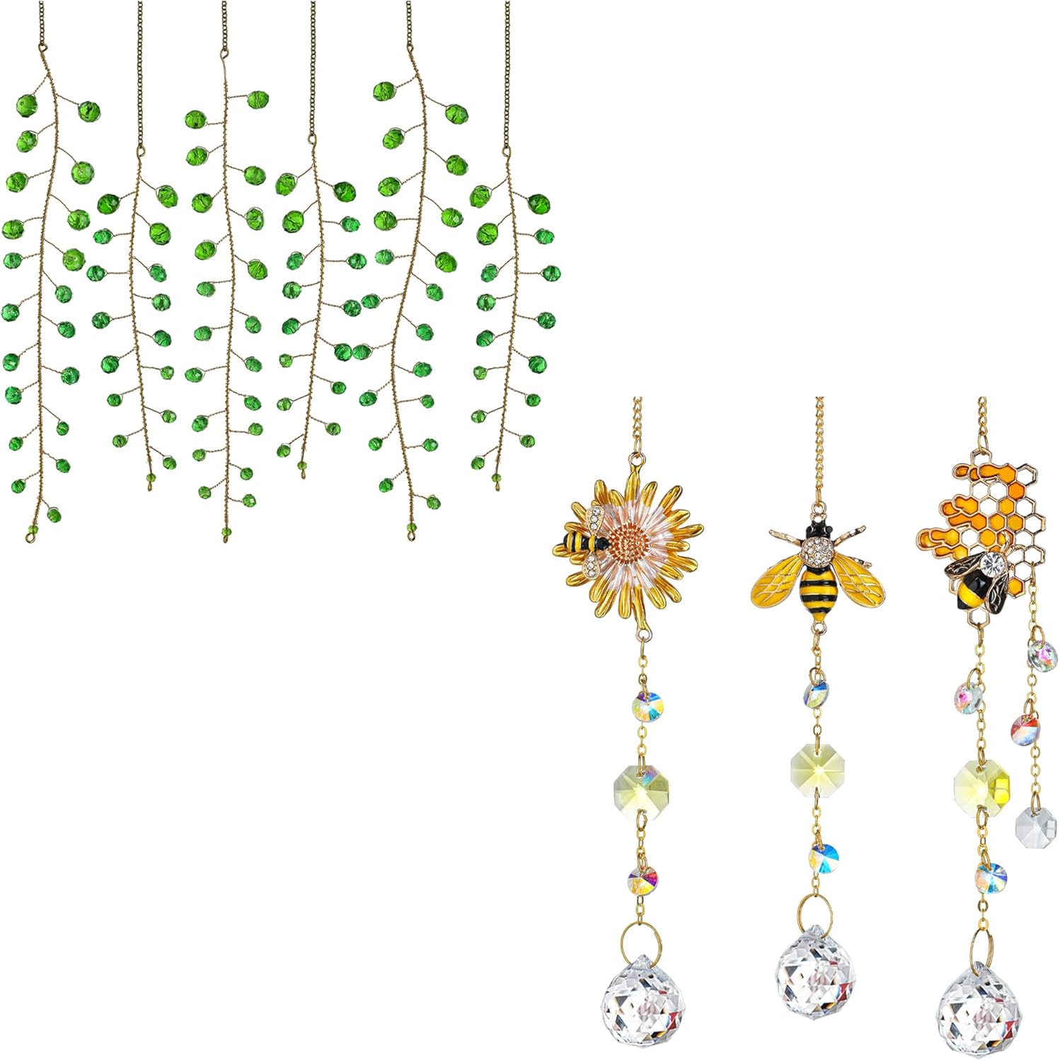 H&D HYALINE & DORA 3 Pack Sun Catcher Crystal Honeycomb Bee Ornaments and 6 Pcs Crystal Beaded Suncatchers Artificial Green Plants Hanging Wind Chime
