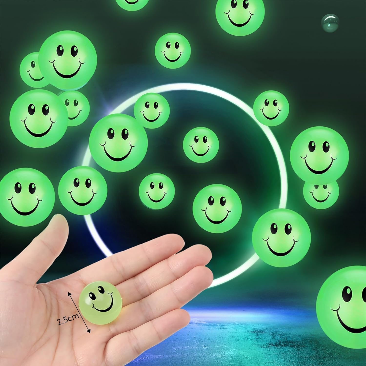 Kasyat 48 Pcs Glow in The Dark Smile Face Bouncing Balls, Mini High Bounce Bouncy Balls for Teens, Glowing Halloween Birthday Party Favors Goodie Bag Fillers for Boys and Girls 6 Years Old + image 2