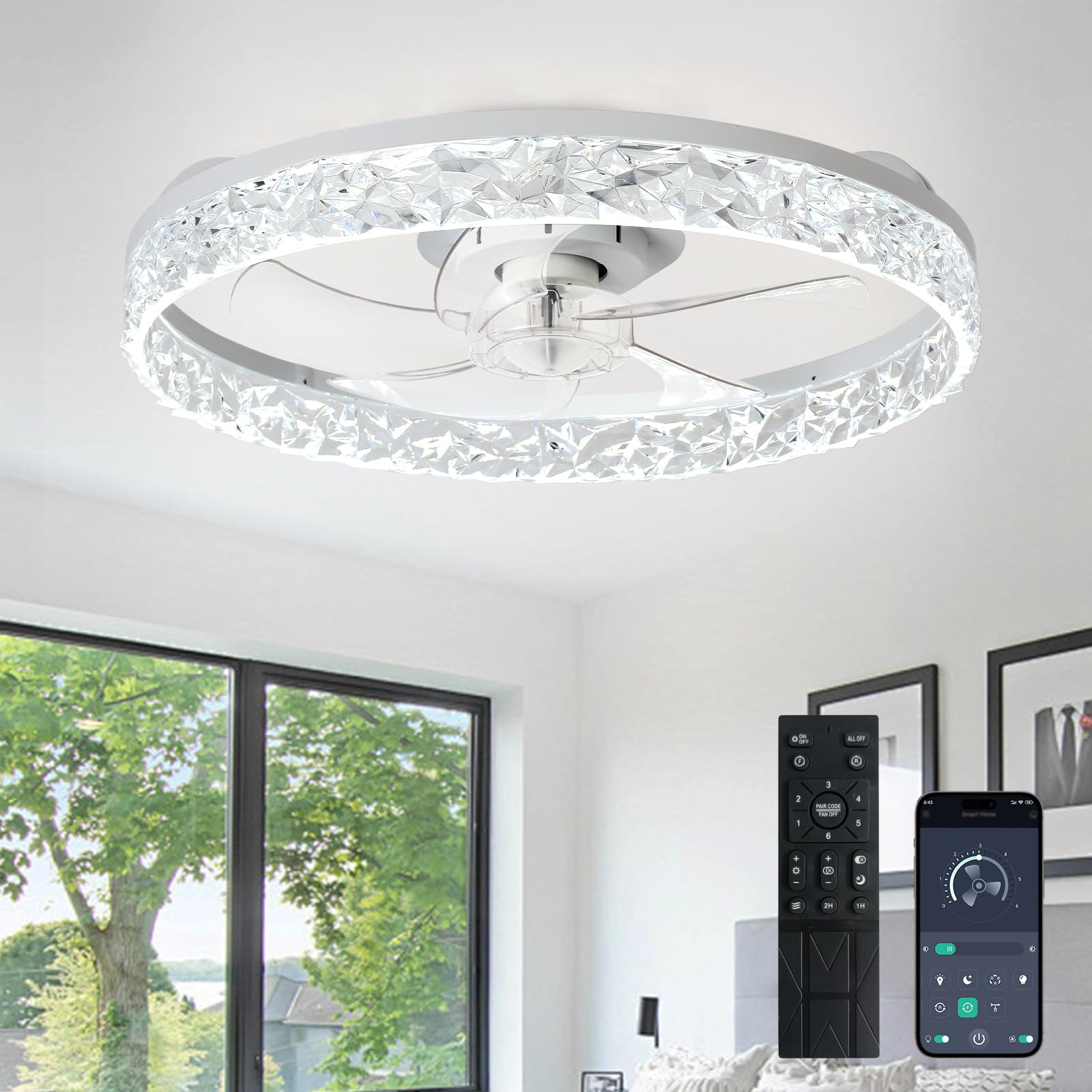 Depuley Ventiladores de techo de 20 pulgadas con luz: Ventilador de techo empotrado LED con control mediante aplicación - Luz regulable para ventilador de dormitorio - Blanco