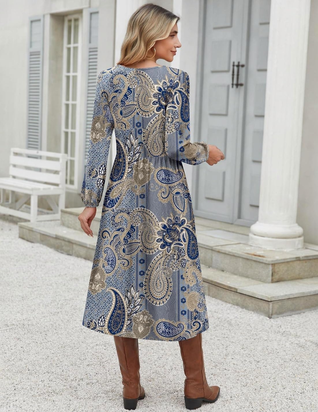 Zeagoo Fall Dresses for Women Casual Long Sleeve A Line V Neck Midi Dress image 5