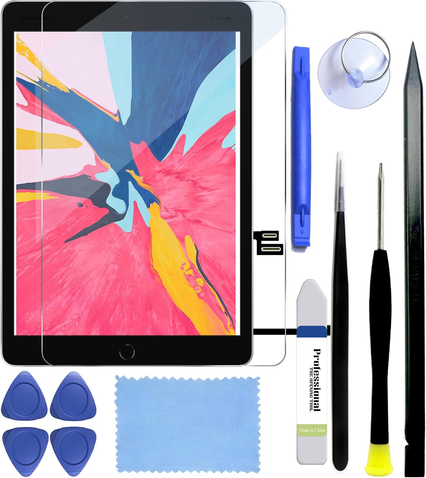 for iPad 9th Generation (9 Gen) Screen Repair Replacement Kit A2602 A2603 A2604 A2605 2021 10.2" Digitizer Touch Glass, Home Button, Protector, Adhesive, Tools (Without LCD)