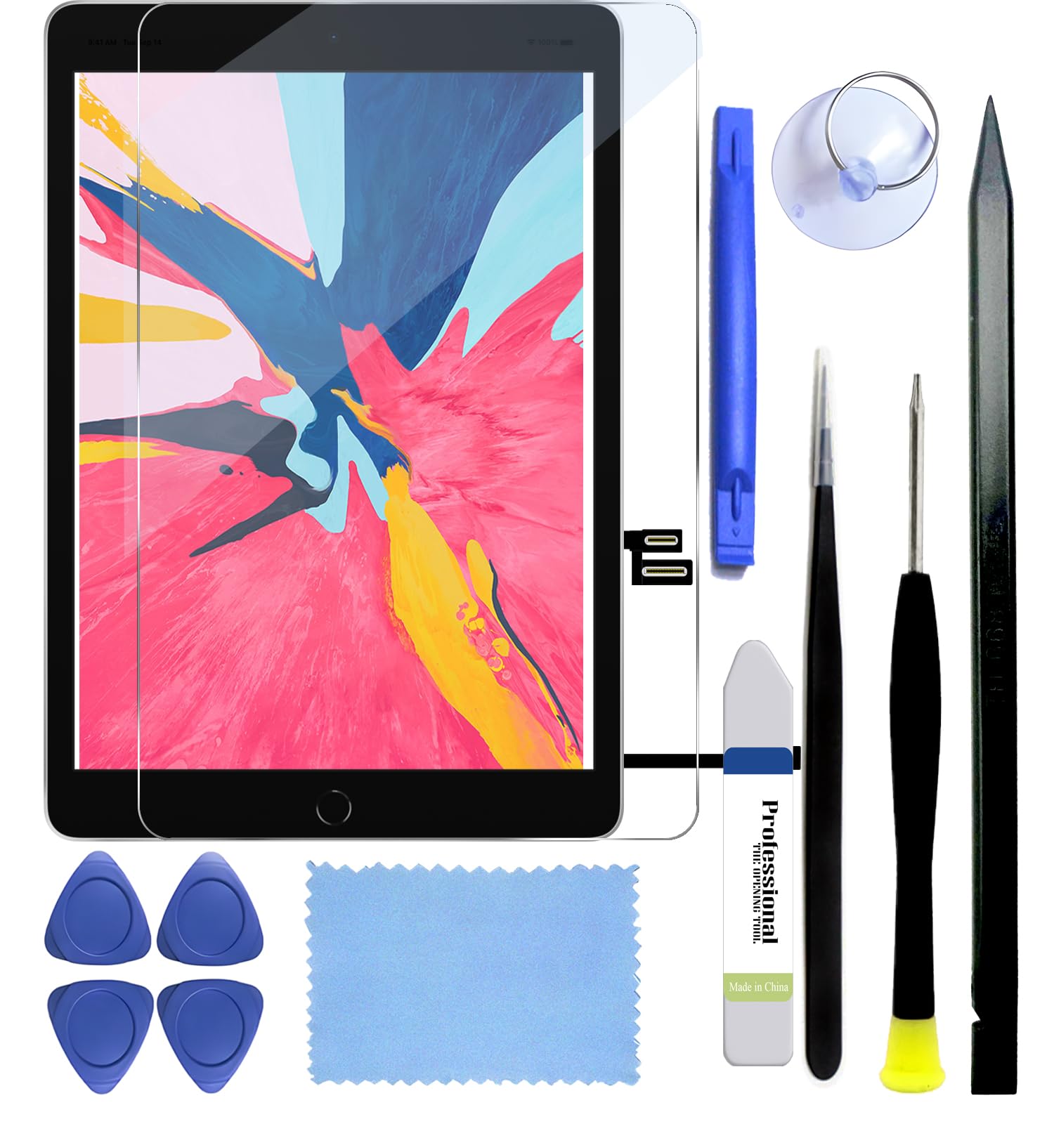 for iPad 9th Generation (9 Gen) Screen Repair Replacement Kit A2602 A2603 A2604 A2605 2021 10.2" Digitizer Touch Glass, Home Button, Protector, Adhesive, Tools (Without LCD) Black
