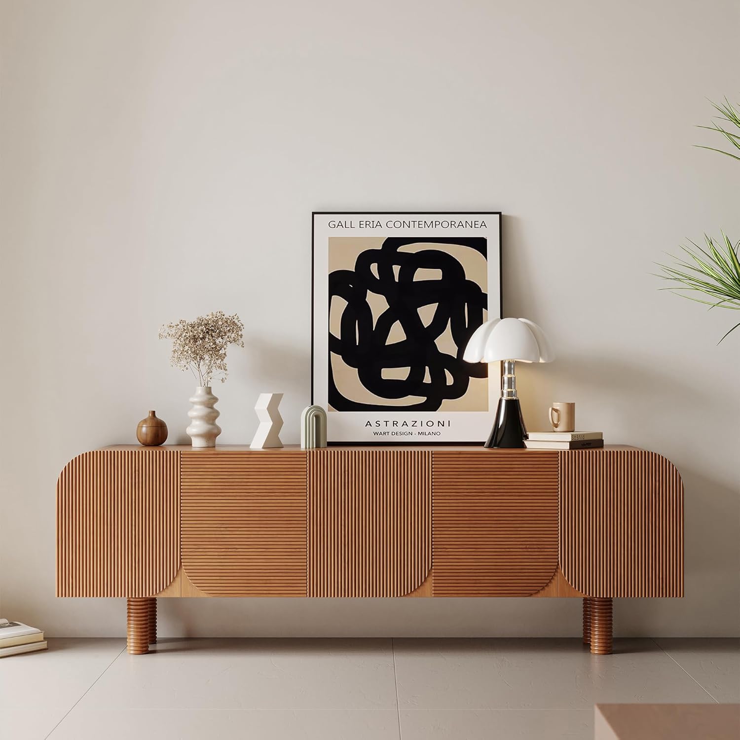 Wood TV Stand for Living Room, 71" Modern Entertainment Center with Storage Cabinets, Walnut Fluted Media Console with Unique Solid Wood Legs, Television Stands for Bedroom Home Office