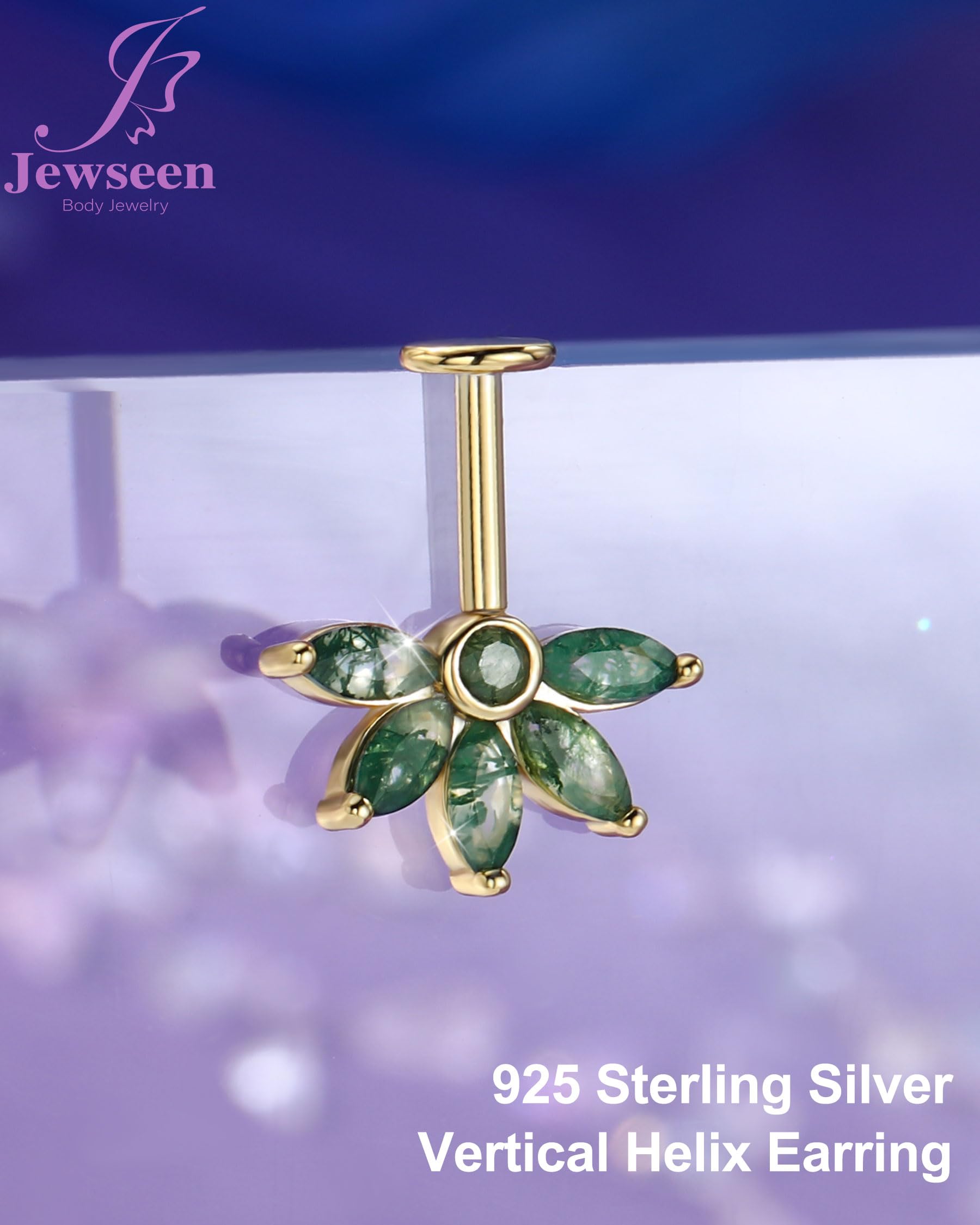 Jewseen Pendiente vertical oculto en forma de hélice, ágata, parte trasera plana, flor, cartílago, plata de ley 925, aretes de trago con rosca interna, joyería de 16 g, 6 mm