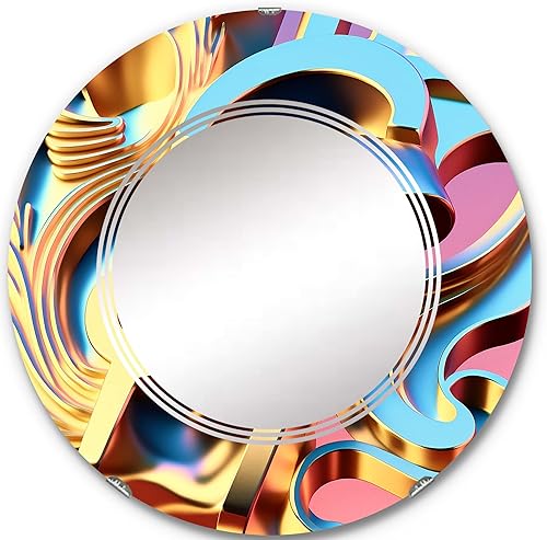 DesignQ Pastel and Gold Abstract Music- Vanity Mirror, Bathroom Mirrors, Wall Mirrors for Living Room, Bedroom - Round Mirror - Large 24'x24',
