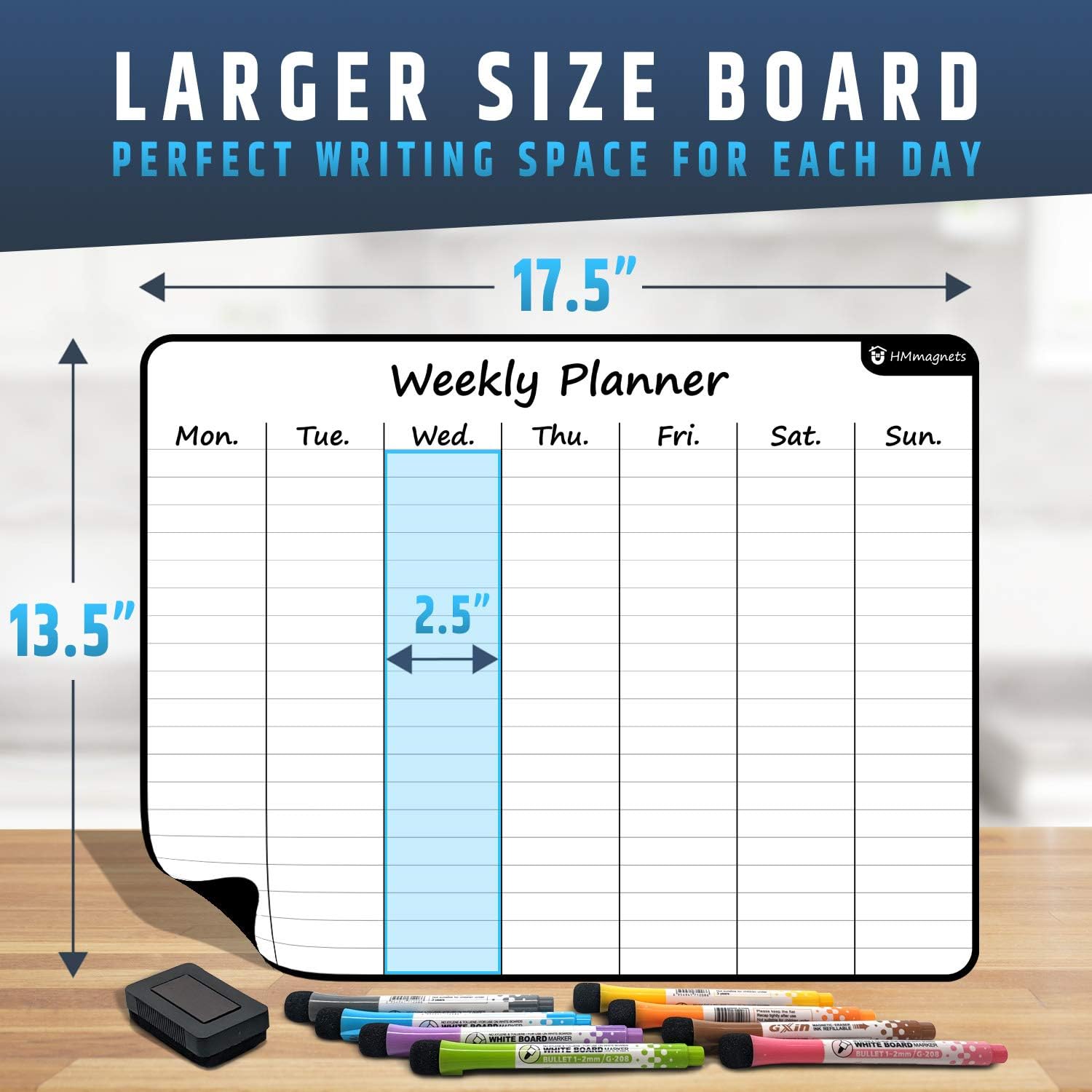 Large 17.5"x13.5" Dry-Erase Magnetic Weekly Calendar (Organizer/Planner) for Kitchen Fridge (Full Set: 8 Markers + Eraser) & Free Bonus: 3 Grocery/to-Do List Whiteboards (Stain Free) | Horizontal : Office Products