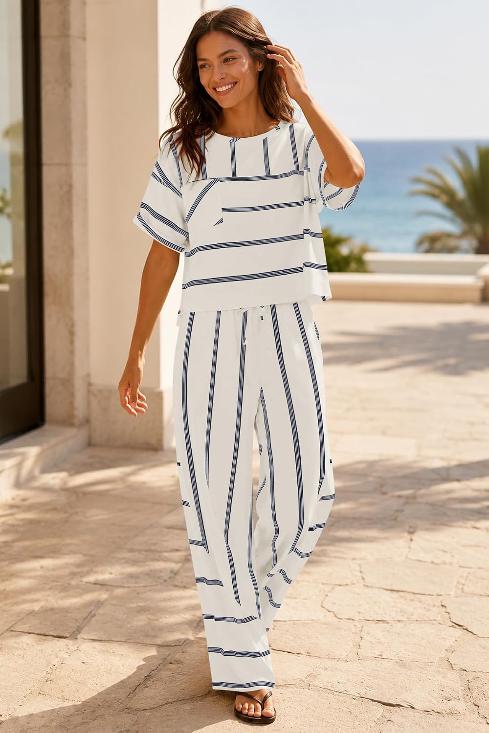 Panadila Women Striped Lounge Sets 2 Piece Summer Travel Sets | Matching Sets, Beach Vacation Outfits, Pajama Sets, Loungewear, Short Sleeve Tops and Wide Leg Pants, with Pockets