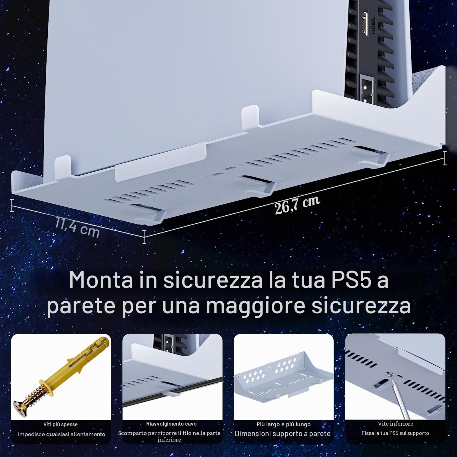 Hosanwell Supporto Parete per Console PS5/PS5 Slim/PS5 Pro con Stazione di Ricarica, compatibile con PS5 Versione Disco e Digitale, Stazione di Ricarica con Luce RGB Multimodale, Bianco