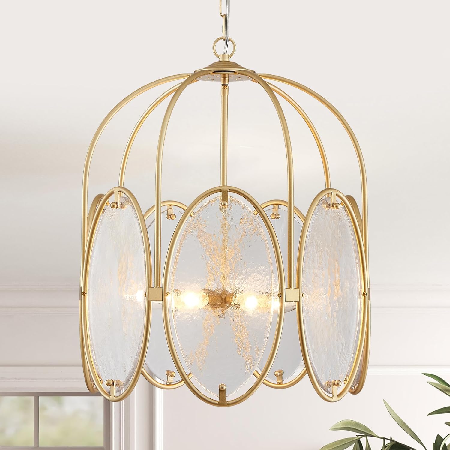 Modern Glass Chandelier for Dining Room, 7-Lights Gold Drum Ceiling Pendant Lighting Fixture, 17.7" Farmhouse Chandelier for Foyer Bedroom Living Room