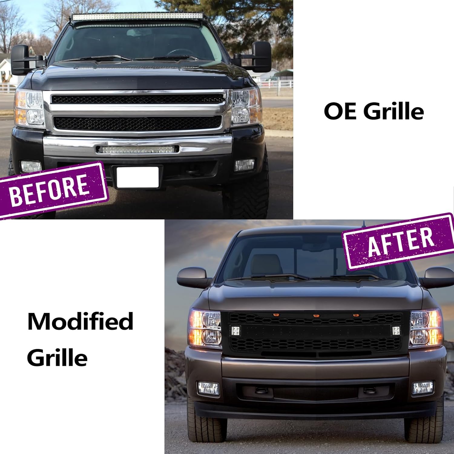 Front Grille Compatible with 2007-2013 Silverado 1500 LS/LT/LTZ/WT Models, Aftermarket Matte Black Grille with 3 LED Lights and 2 Side Lights, Black Letters