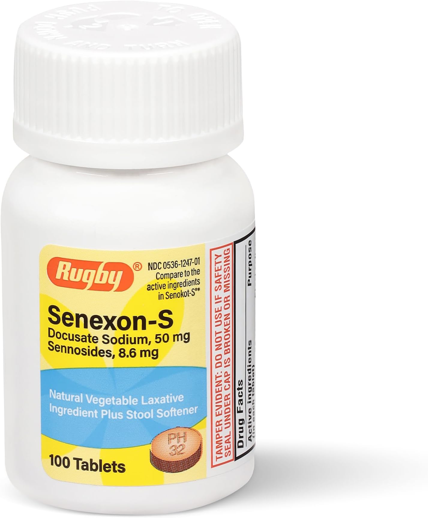 Rugby Senexon-S - Natural Vegetable Laxative Ingredient Plus Stool Softener, Constipation Relief - Docusate Sodium 50mg, Sennosides 8.6mg - 100 Tablets (1-Pack)