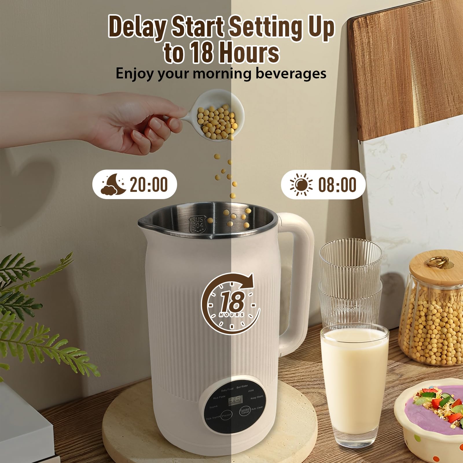 Machine à lait de noix 8 en 1 - 1200 ml - Automatique - Avec démarrage retardé et maintien au chaud - Pour lait d'amande, lait d'avoine, lait de cajou, soupes, bouillie
