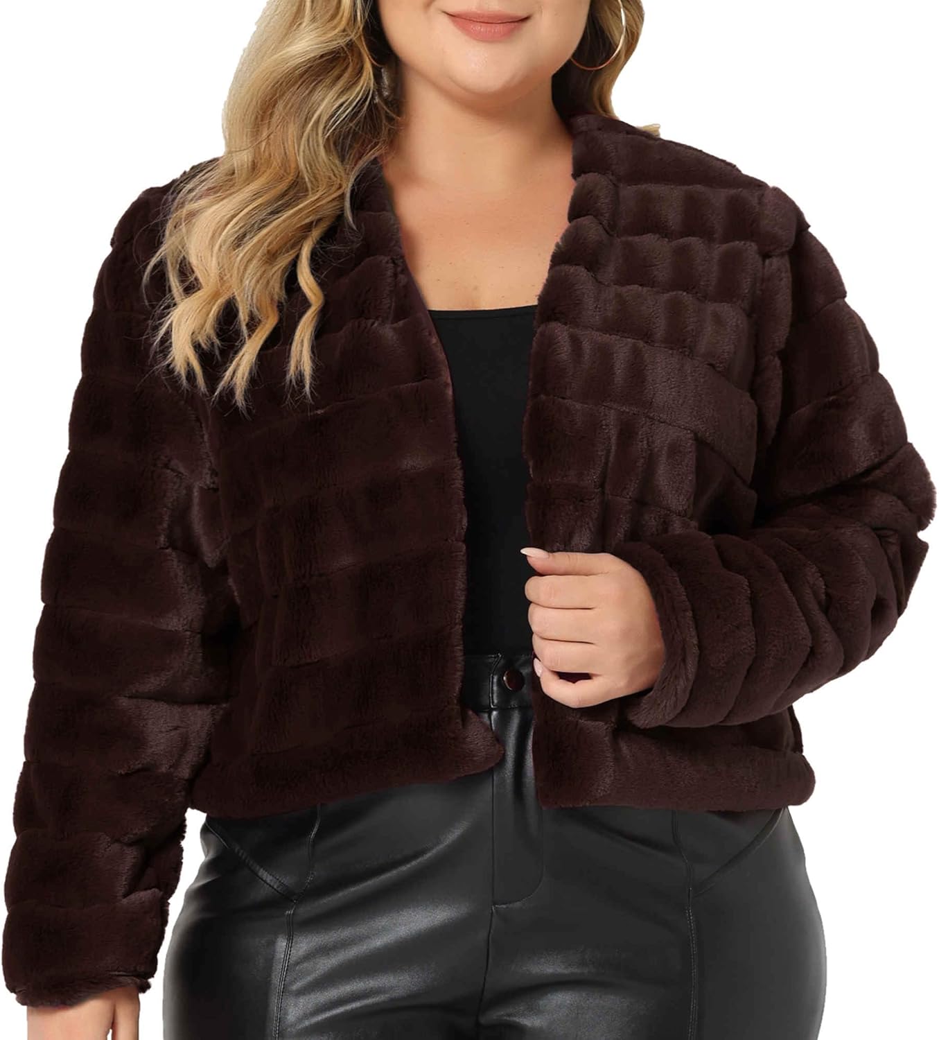 Agnes Orinda Plus Size Faux Fur Jacket for Women Open Front Collarless Wedding Formal Cropped Faux Fur Winter Jackets