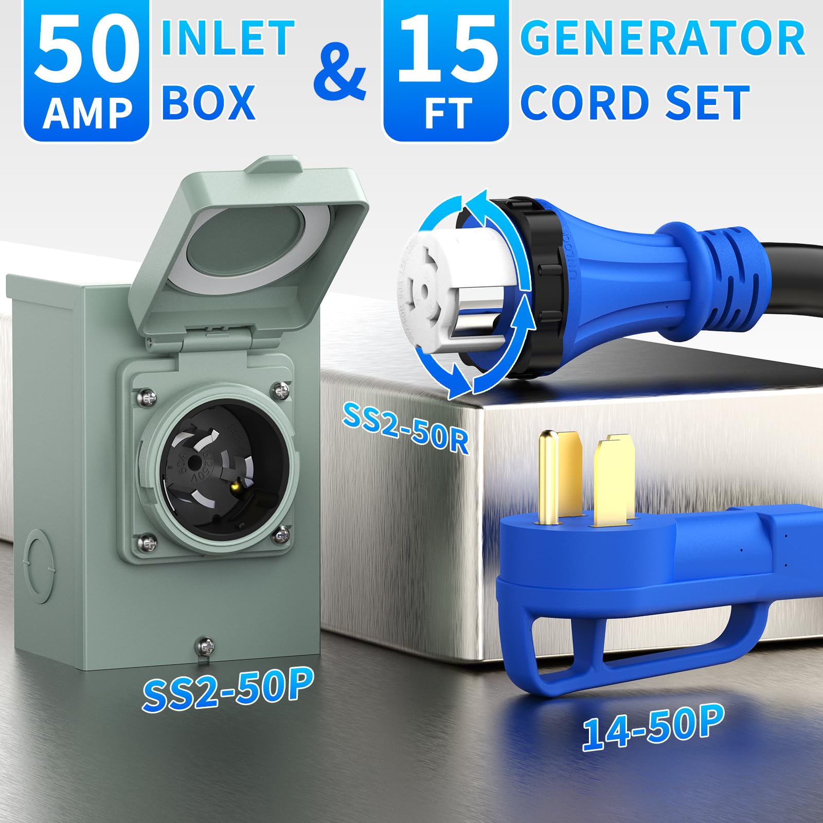 Snapklik.com : 50 Amp Power Inlet Box And 15FT Generator Cord, 125V ...