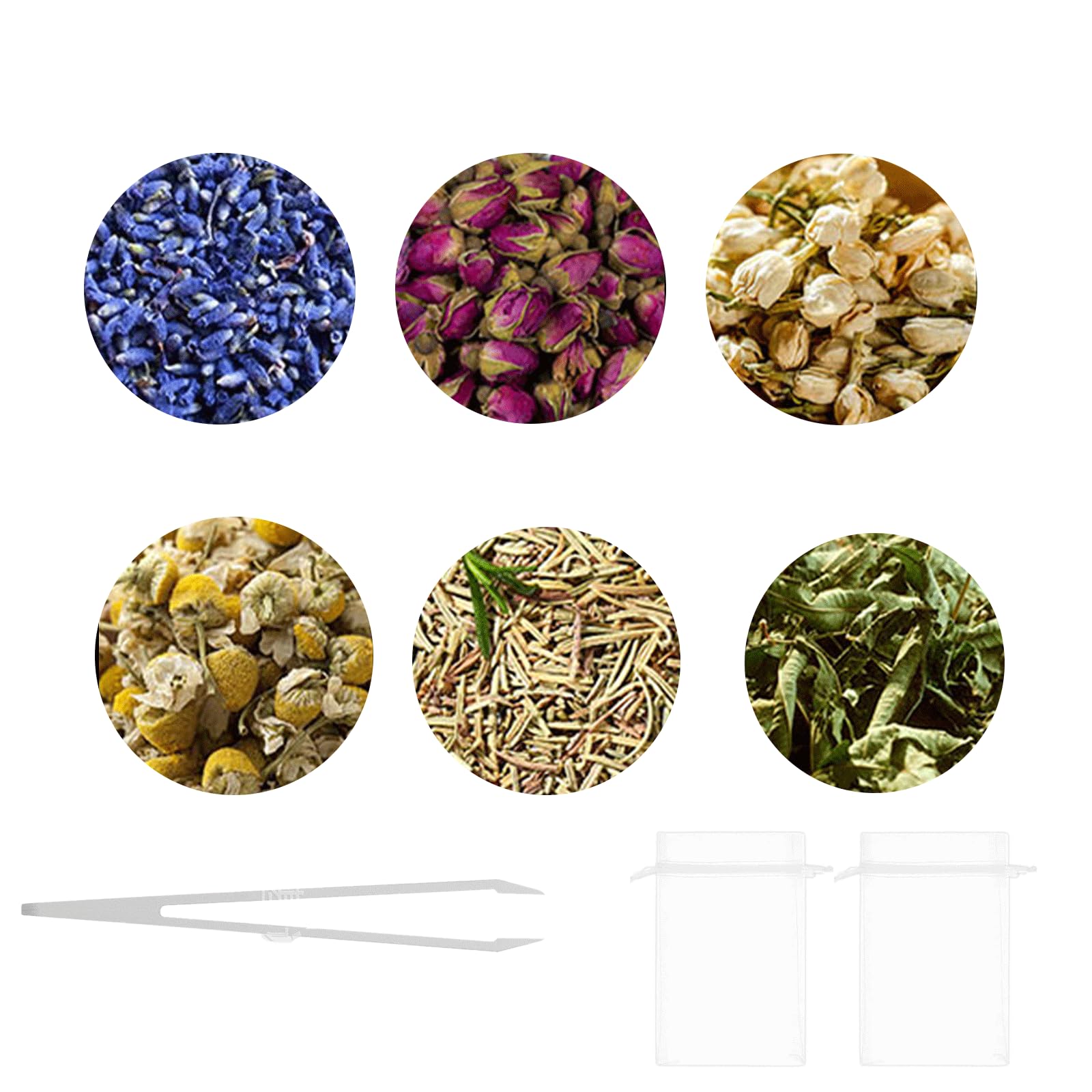 LEMONSTONE Natürliche Trockenblumen Kit, 6 Beutel Getrocknete Blumen Kräuter für Seife, Getrocknete Blumen Seife Herstellen mit Pinzette und Netzbeutel, Blüten für Seifenherstellung Kerze Harz Schmuck
