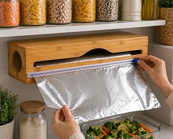 Doğal Bambu Streç Film ve Alüminyum Folyo Dispenser Kesici Kutusu, Asılabilir Mutfak Düzenleyici Organizer, Pratik Kesim ve Saklama Aparatı, Premium Dayanıklı Tasarım, 33,4 x 8 cm