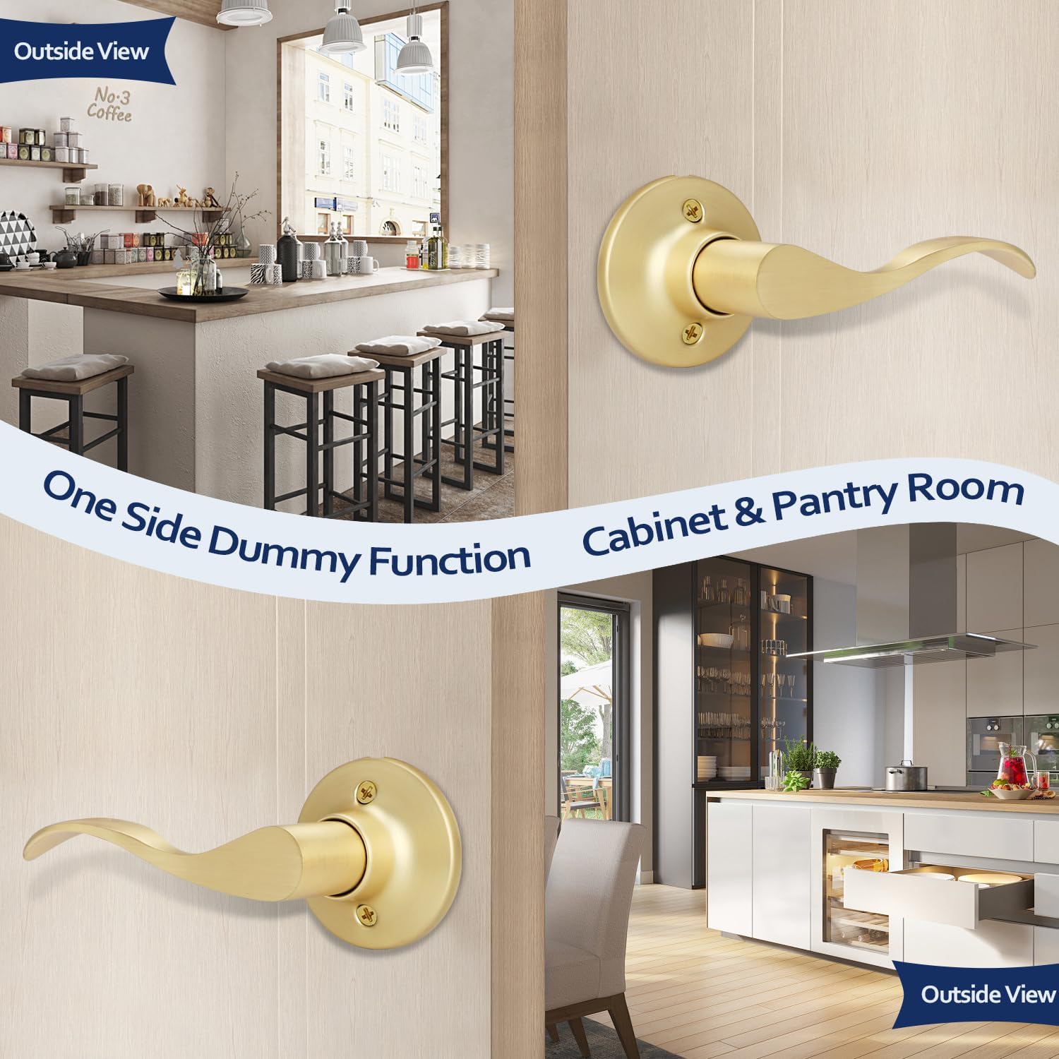 3 Pack Satin Brass Door Knob, Dummy Door Lever, Interior Door Handles for Closet, Keyless and Lockless, Gold Door Handles for Right Side Door, Modern Wave Style