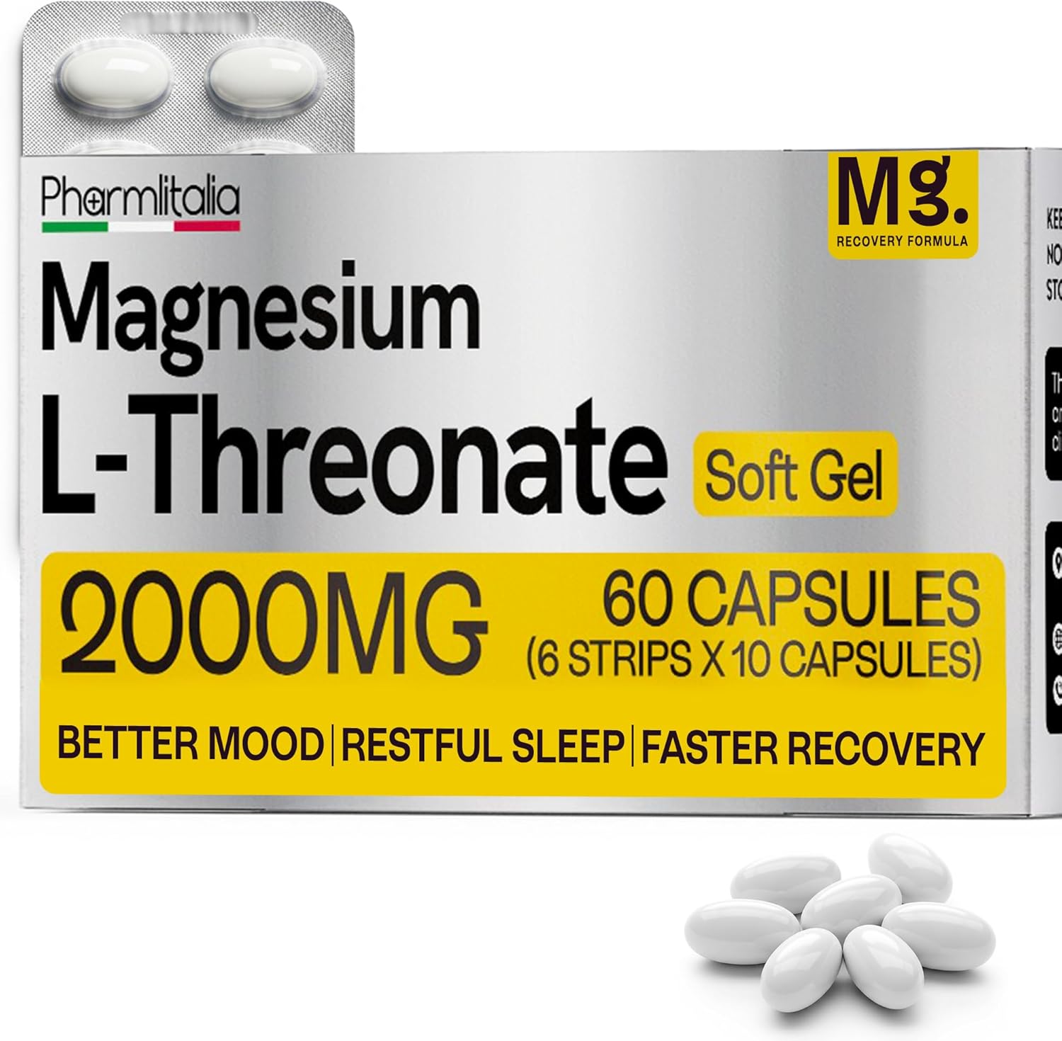 Magnesium L-Threonate Supplement 2000mg Soft Gels for Better Sleep - Brain Supplements for Memory and Focus - High Absorption Muscle and Brain Support - Stress Relief - 60 Count