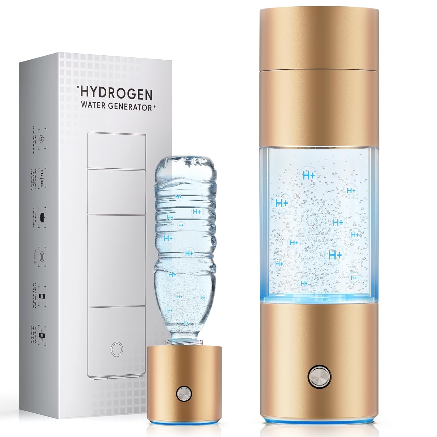 Hydrogen Water Bottle Generator,4500PPB SPE/PEM Technology -Smart Electrolysis Water Ionizer -320ML Portable Rich Hydrogen Water Machine for Health Gifts, 24-Hour Hydrogen Retention (Gold)