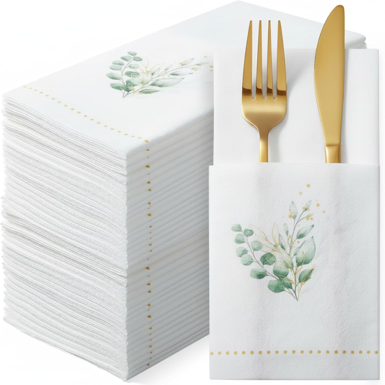 Janlaugh 100 Pack Wedding Golden Eucalyptus Linen Disposable Napkins with Silverware Pockets 16"x16" Festive Green Dinner Napkins for Holiday Party, Wedding Dinner, Family Gathering