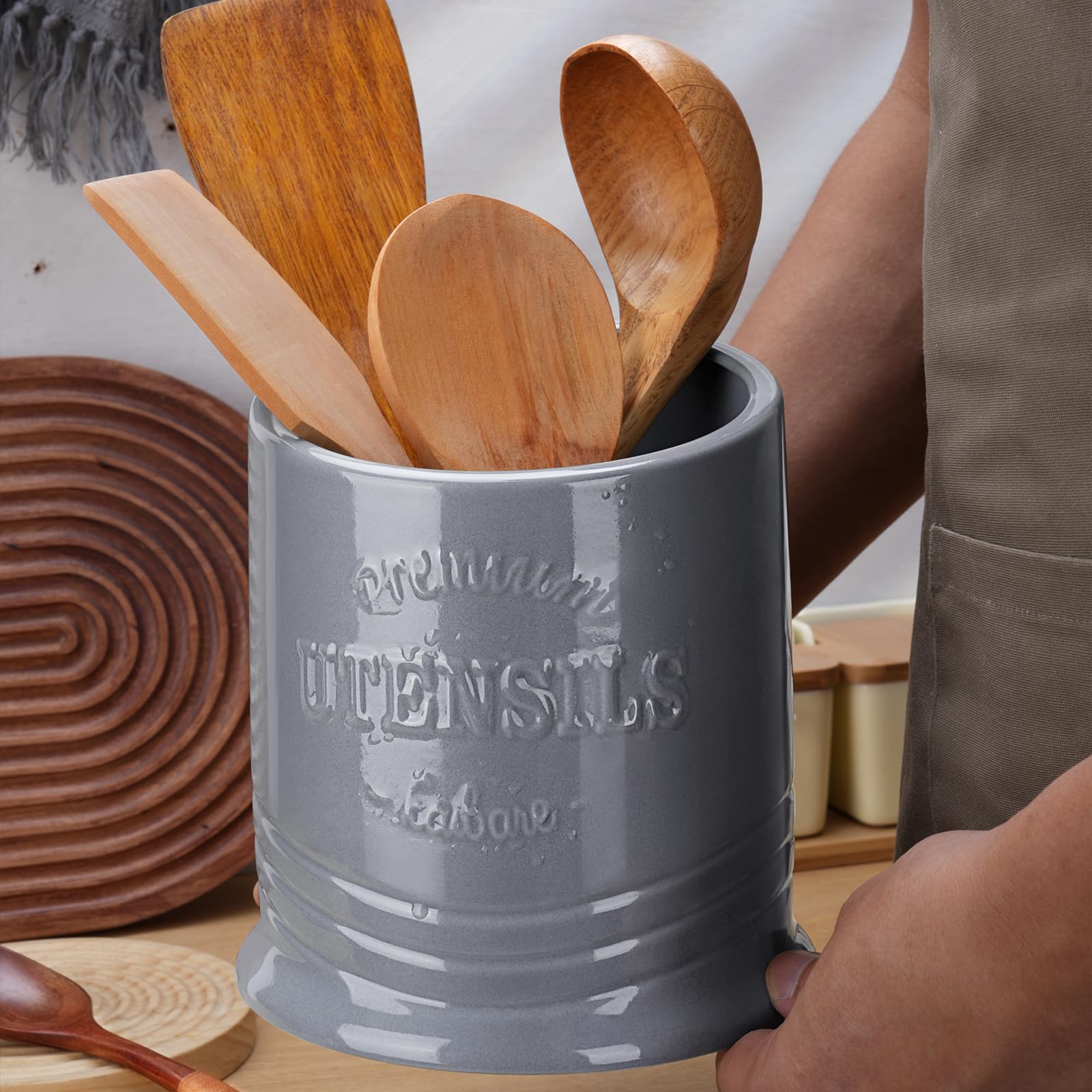 JSHKY Uchwyt na przybory, 18,3 cm ciężki wiejski ceramiczny garnek kuchenny z matą ochronną, duży średnica 15 cm, szary, błyszczące wykończenie
