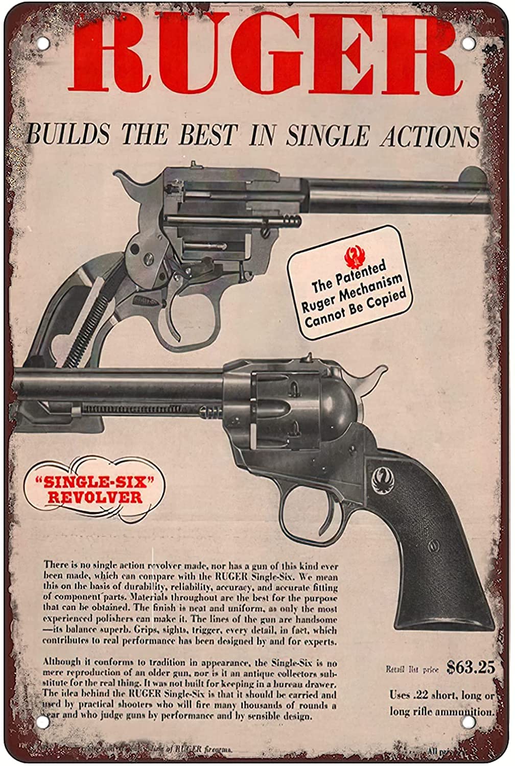 1958 Ruger Single-Six Funny Coffee Metal Tin Sign For Home Office Coffee Bar Decor 8x12inch