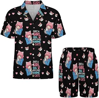 Women Ladies Buttoned Pajamas, Short Sleeve Pajama Top and Pajama Pants
