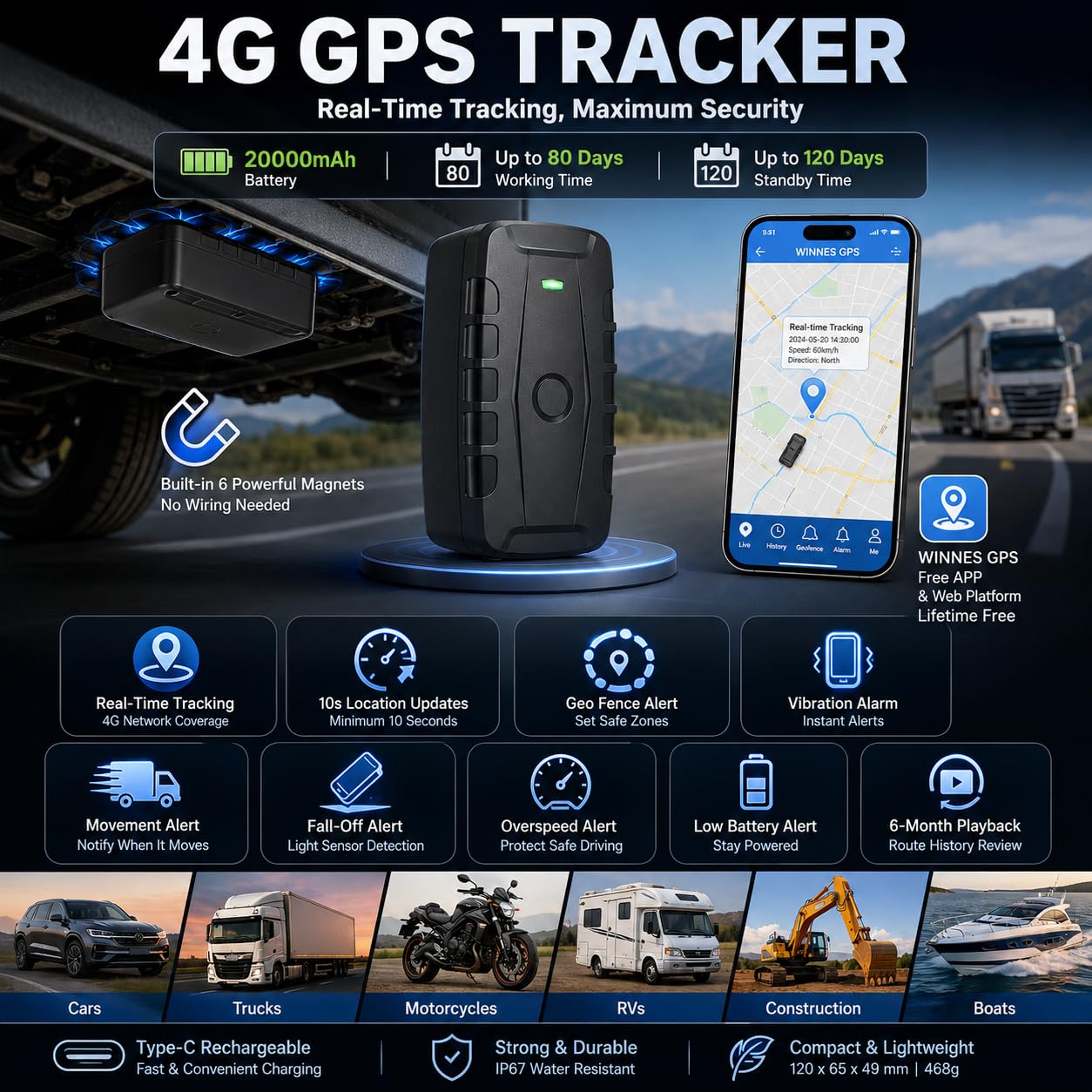TKMARS Traceur GPS Voiture 4G Longue Autonomie 6 Mois, Suivi en Temps Réel, Aimanté, Étanche IP67, Plusieurs Alertes pour iOS/Android TK918