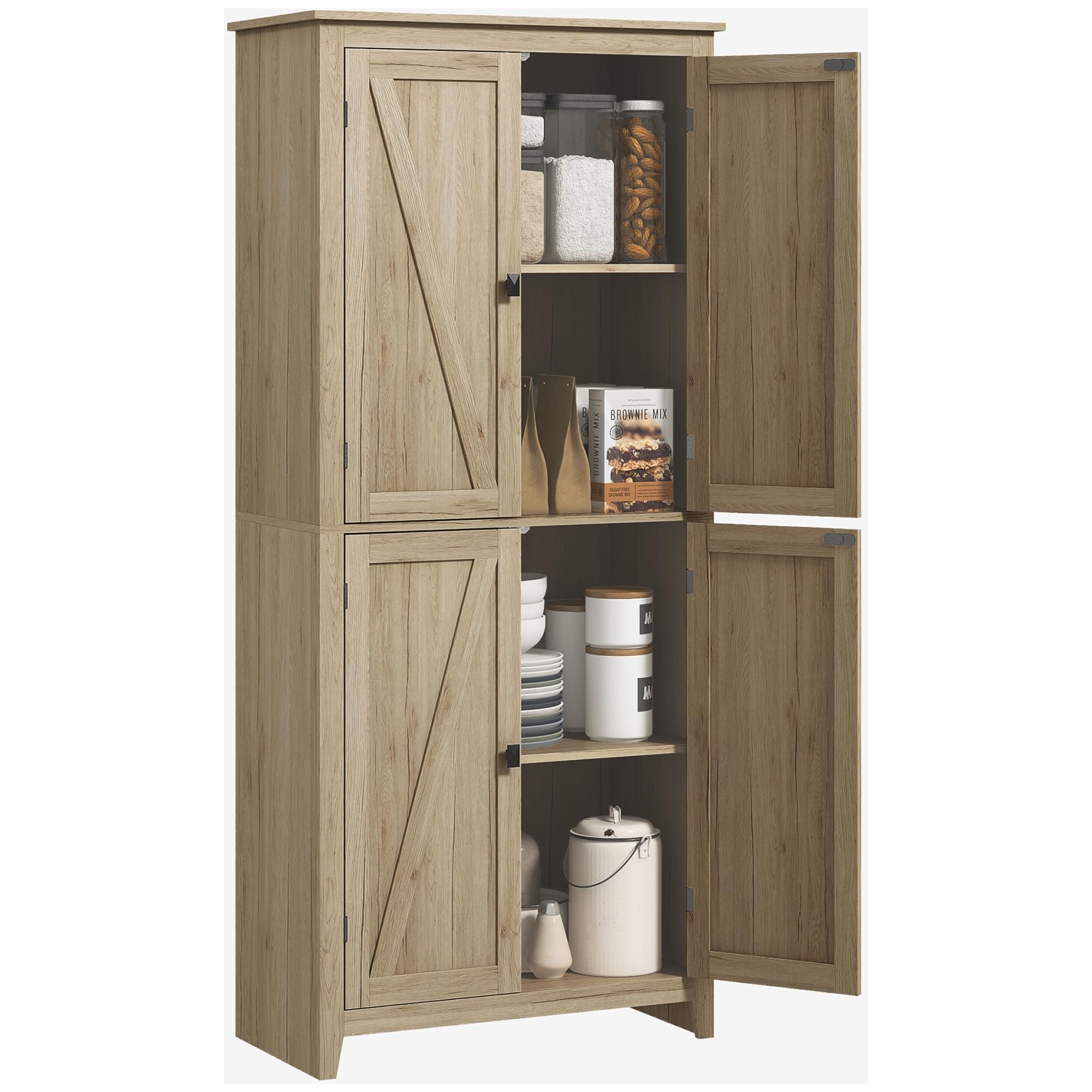 HOMCOM Credenza Moderna a 4 Ante con Mensole Regolabili e Base Rialzata, Mobile Cucina in Legno, 80x40x182 cm, Color Legno