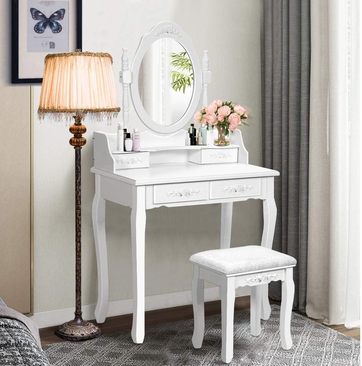 Giantex Vanity Table Set with Oval Mirror and 4 Drawers, Wood Makeup Dressing Table with Cushioned Stool,Top Removable Writing Desk, Modern Bedroom Dressing Table for Kids Girls Women (White)
