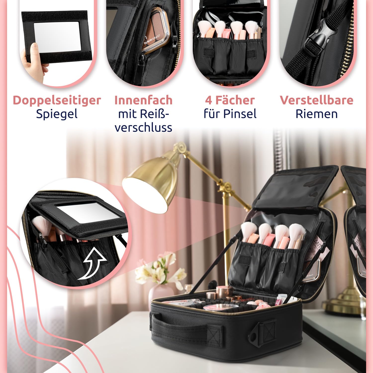 Premium Kosmetiktasche mit Spiegel (normal & Vergrößerung) – Make Up Tasche mit Spiegel – Schminktasche – Kosmetikkoffer - Schminkkoffer Damen