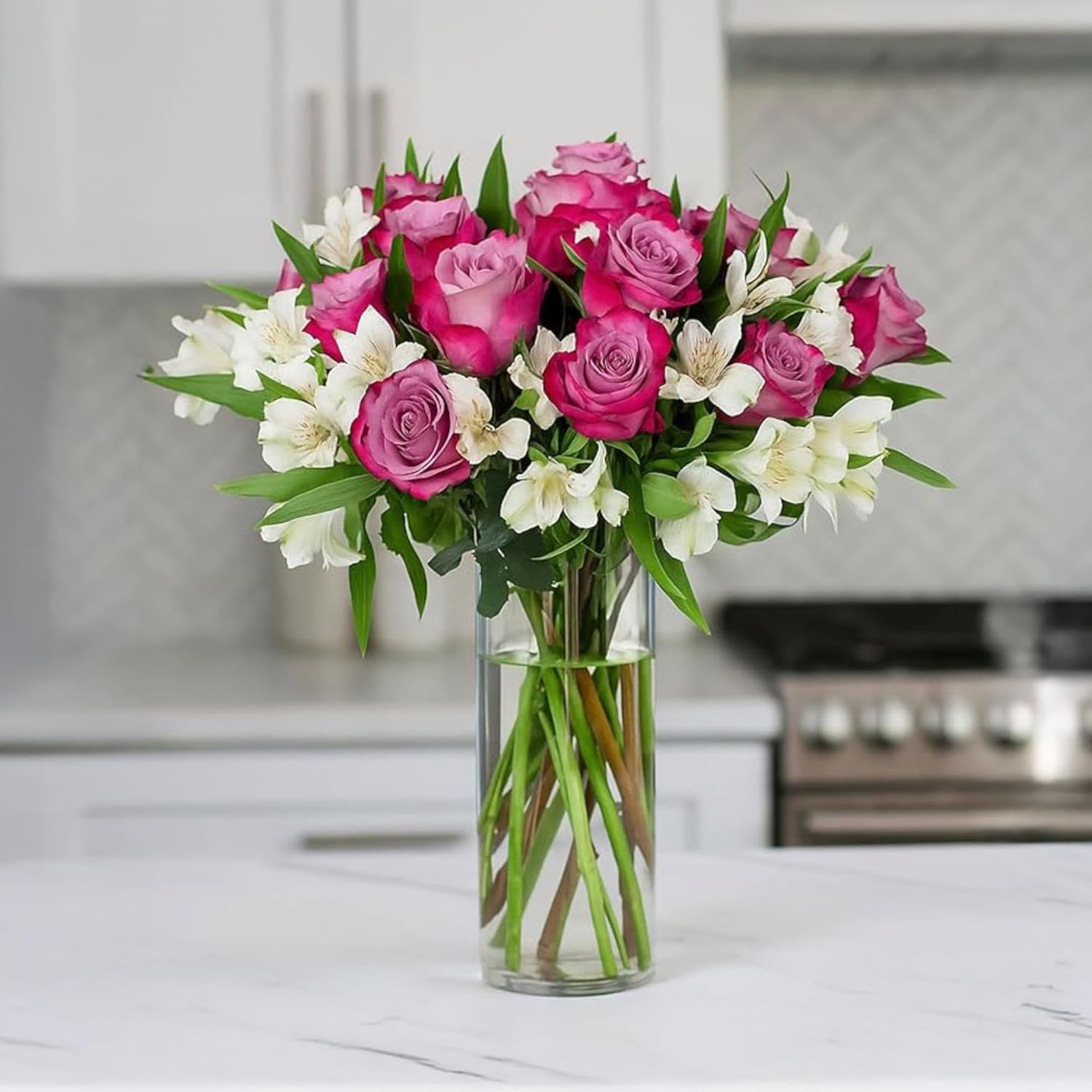 BloomsyBox Forever Blooming Bouquet – Fresh Purple Roses & White Alstroemeria (Glass Vase Included) – Fresh Flowers for Delivery – Gift for Birthday, Anniversary, Get Well, Congratulations