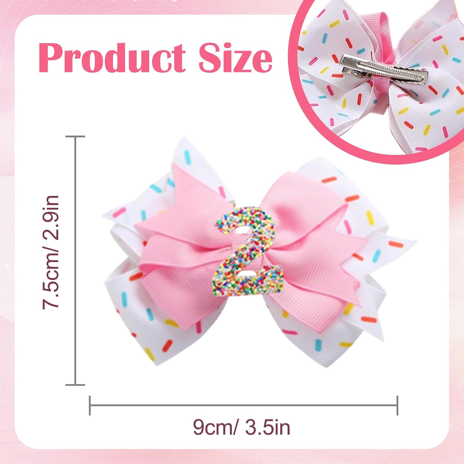2 Pack 2nd Birthday Hair Bow for Baby Girls, Pink Hair Clips Hair Accessories for Girls 1 2 3 4 5 6 Years Birthday Confetti Ice Cream Party Supplies Decorations image 3