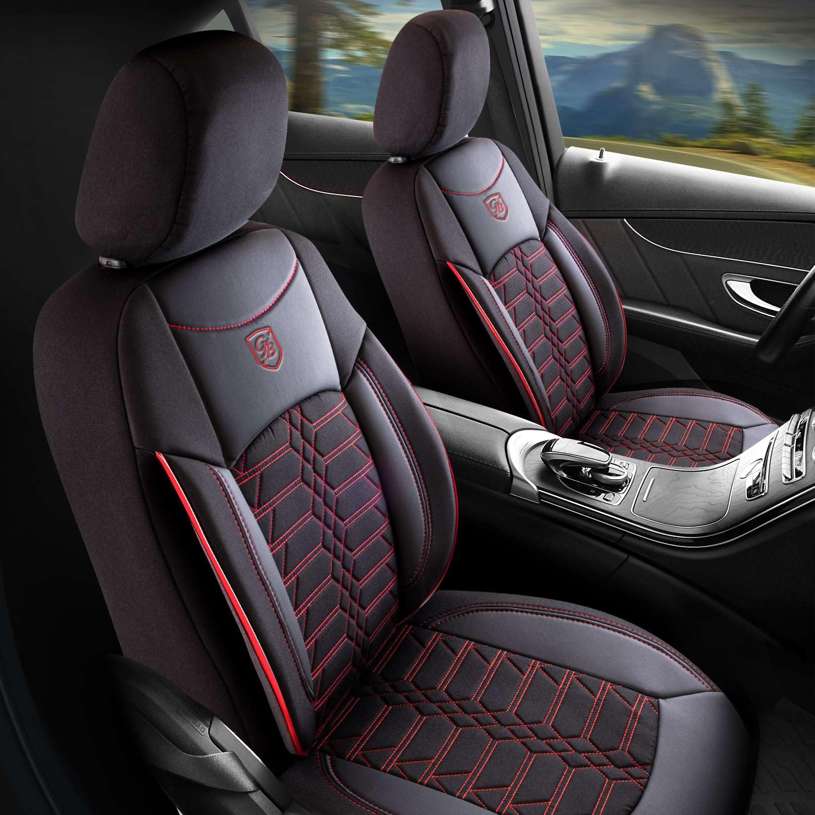 Autositzbezüge Universal – Premium Autozubehör Innenraum für PKW & SUV – Jacquard Sitzauflage, Autoschonbezug Auto, Airbag-kompatibel, Schwarz-Rot, Vordersitz-Set inkl. Montageset