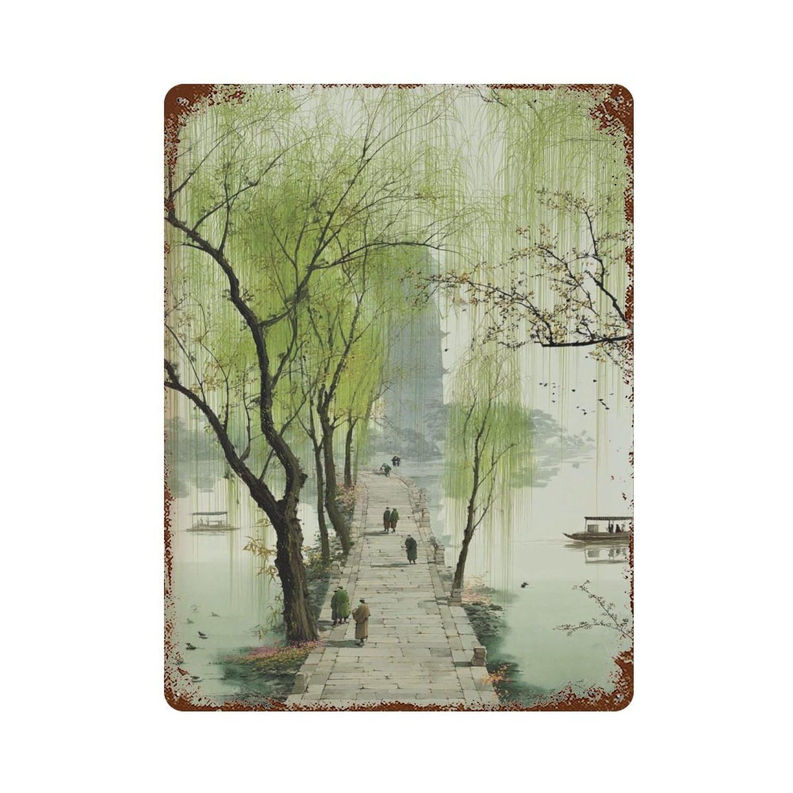 xiaoxiaoshen Chinese Riverside Path Willow Tree Landscape Traditional Zen Nature Oriental Ser Wall Decor Art Metal Tin Poster Modern Home Decor Art Home Bar Shop Decorations Vintage Sign 40x30cm