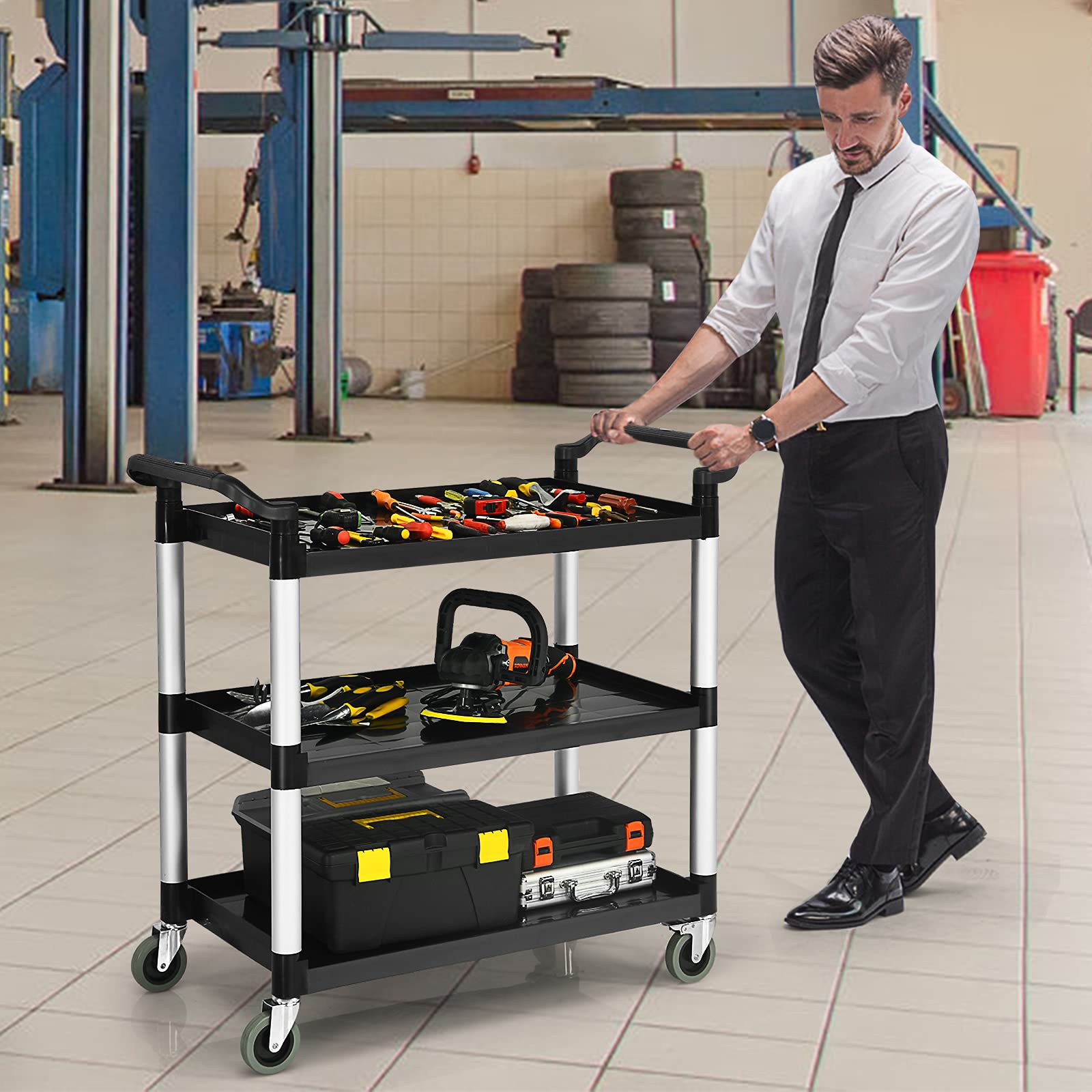 COSTWAY Carrello di Servizio a 3 Ripiani, Carrello Multiuso con Maniglie Ampio Spazio e Ruote Flessibili con Freni, Adatto a Ufficio Ristorante Casa Officina, 103x49x98 cm