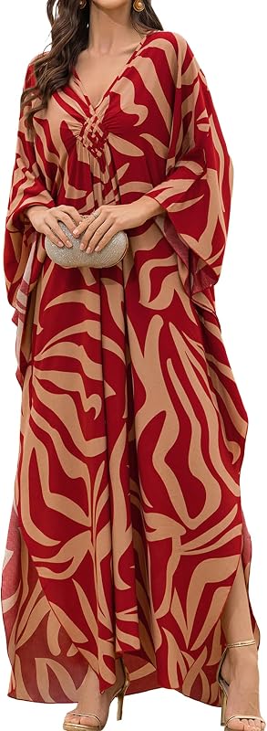 Yanziliu Women Kaftan Dresses Plus Size V-Neck Batwing Sleeves Beach Cover Up Summer Floral Print Caftan Dress