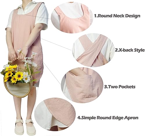 Miniatura 4 de Delantales de algodón con espalda cruzada, color sólido, para cocina, jardín, para mujeres y niñas con bolsillos