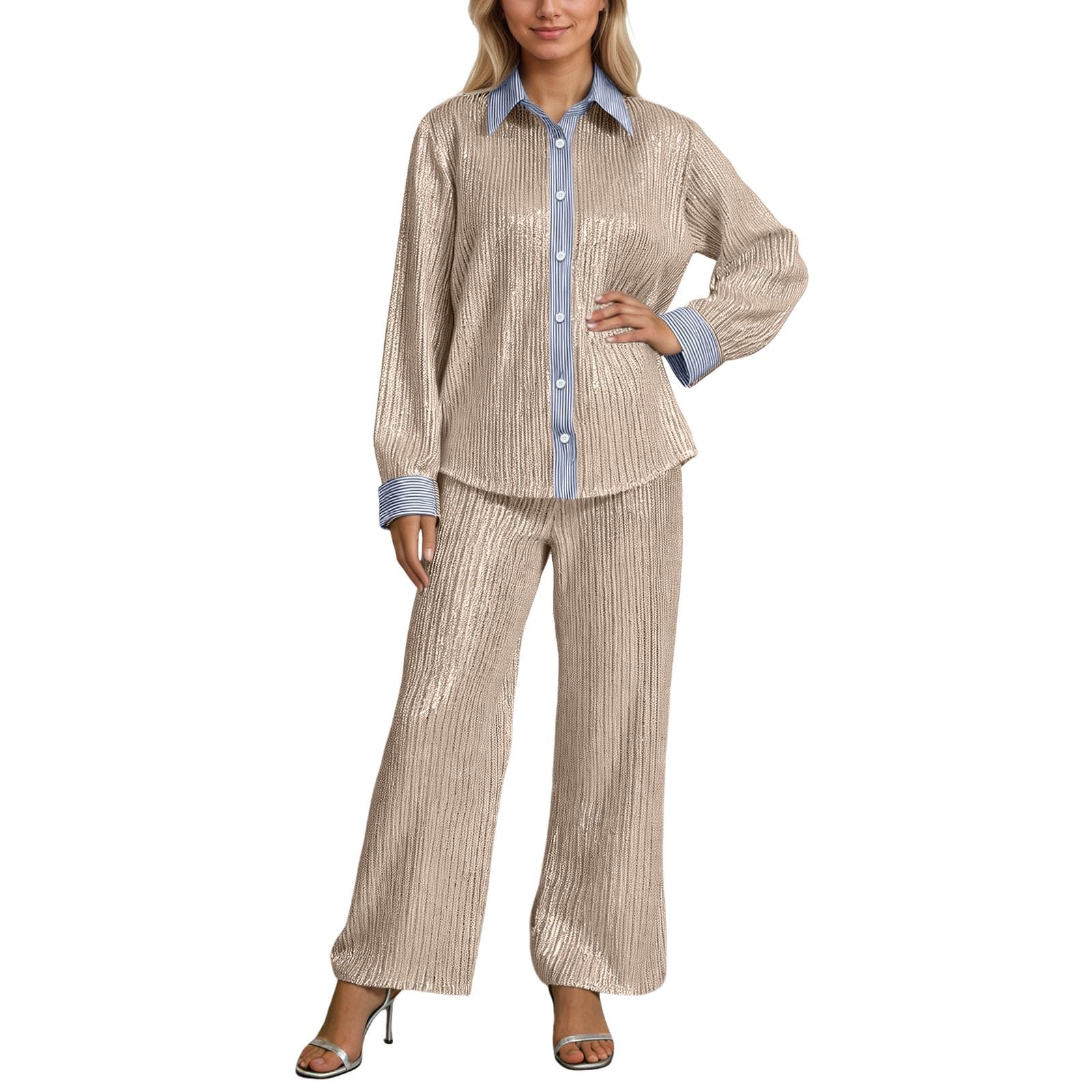 Traje de Pantalón para Mujer con Camisa Elegante de Manga Larga y Detalles