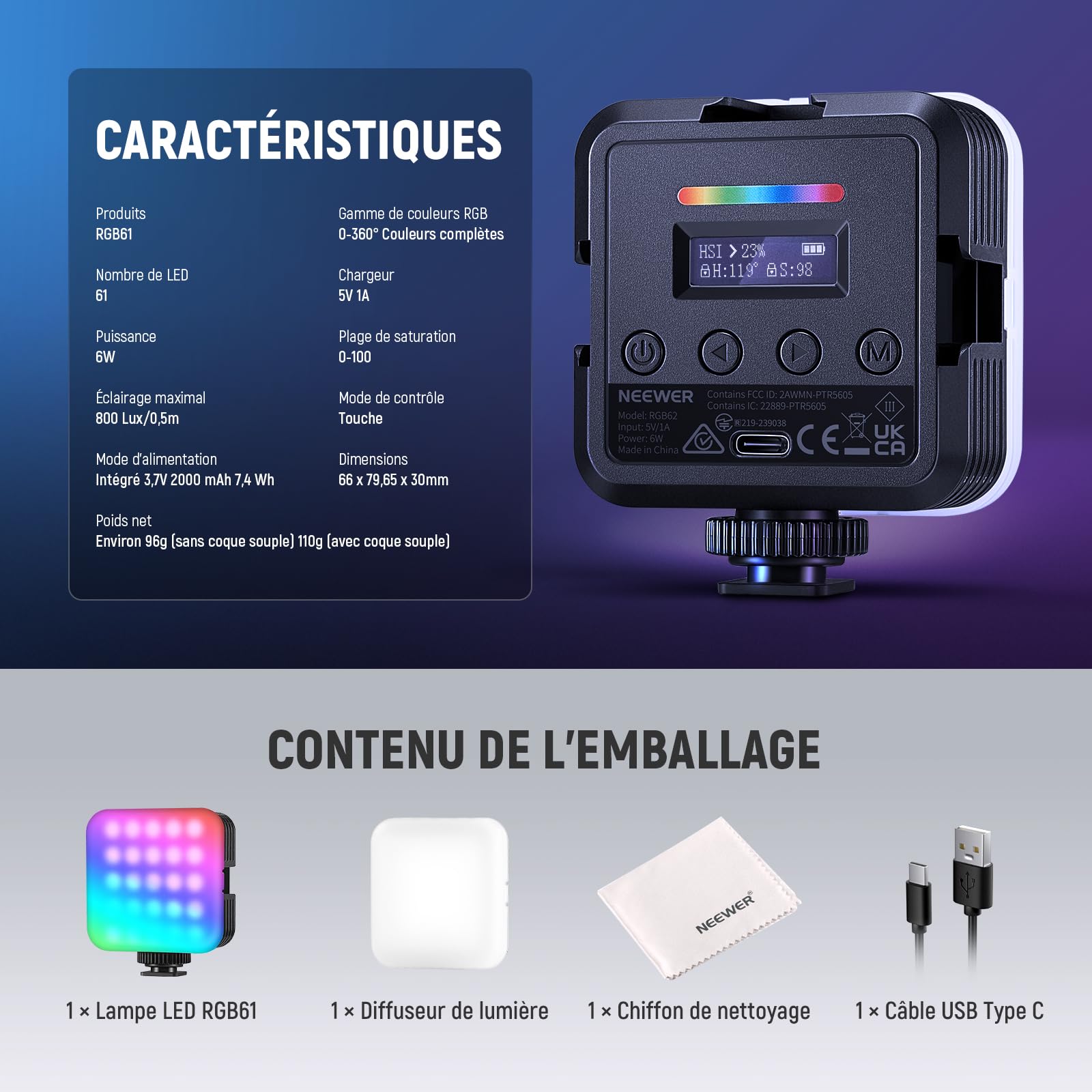 NEEWER Lampe Magnétique RGB pour Appareil Photo,360° Couleur RGB61 CRI97+ 2500-8500K 2000mAh Petit Panneau LED Portable pour Enregistrement Vidéo Streaming,3 Sabot Froid,20 Scènes,Chiffon de Nettoyage