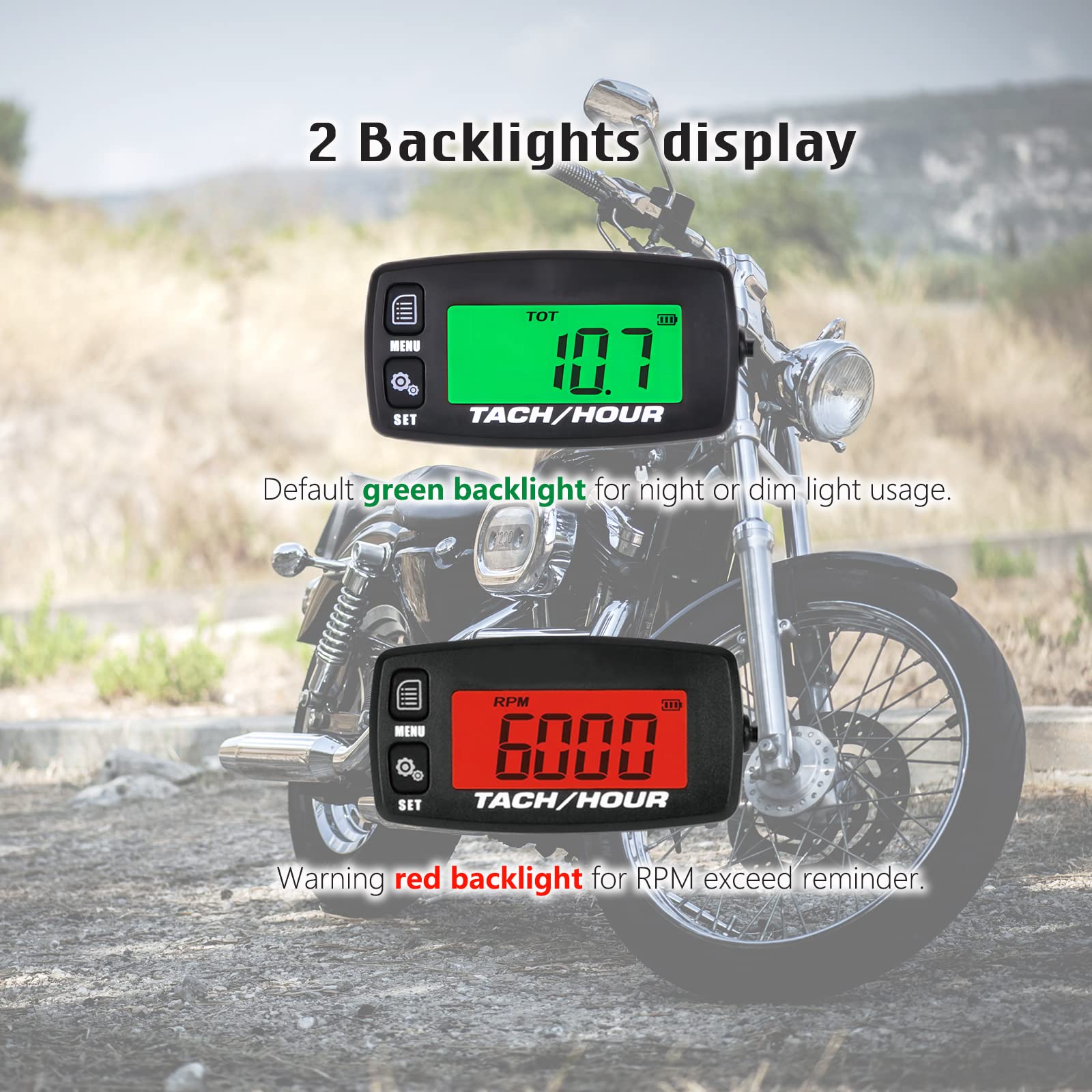 Digitaler Drehzahlmesser für kleine Motoren, grüne und rote Hintergrundbeleuchtung, Wartungserinnerung, Drehzahlüberschreitungsalarm für gasbetriebene Rasenmäher, Generator, Kettensäge