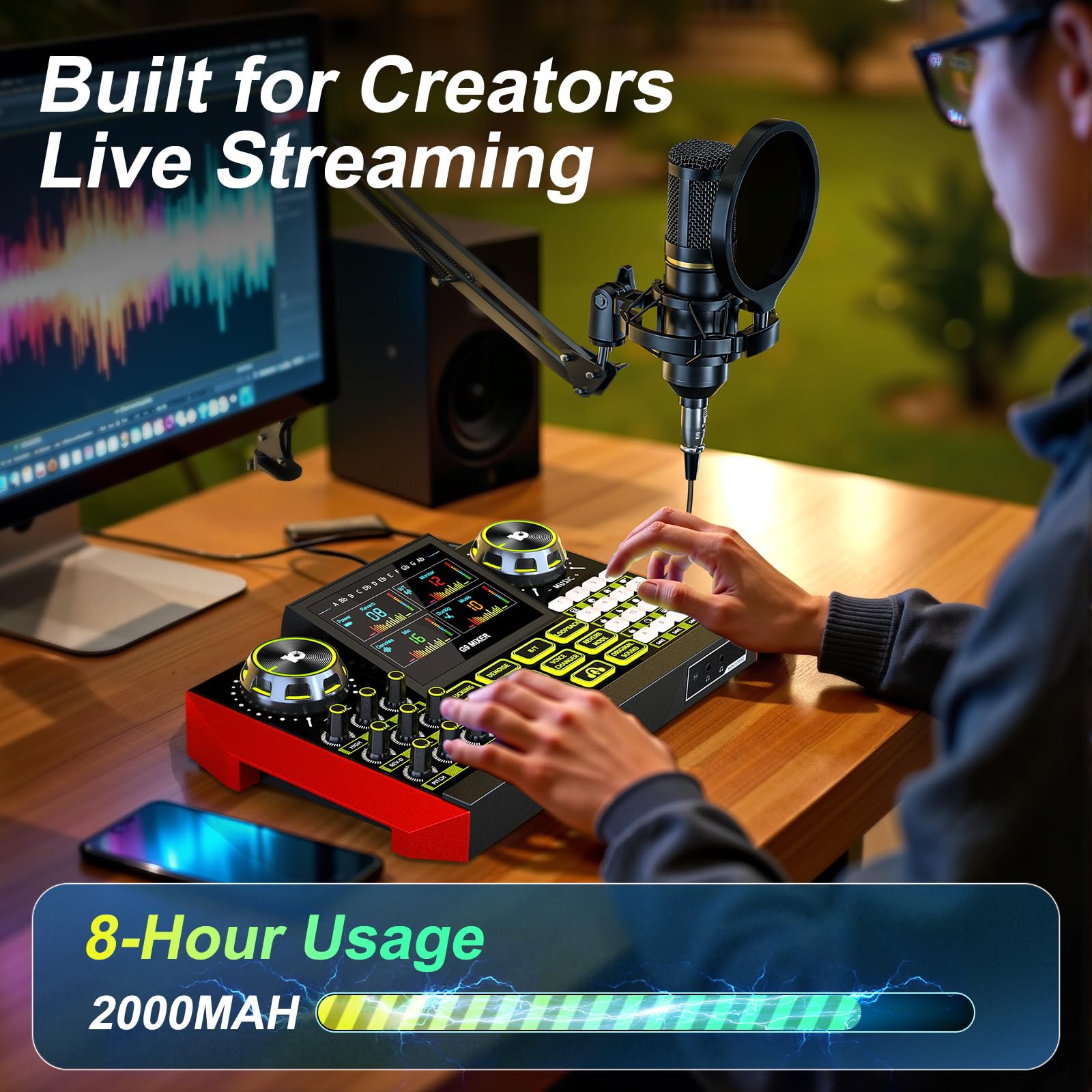 G9 Podcast Equipment Bundle with 3.5mm Condenser Microphone for Pc/Phone Live Streaming Singing Gaming, Podcast Microphone Bundle with Live Sound Board Audio Mixer,Voice Changer, Denoise,DJ Sets