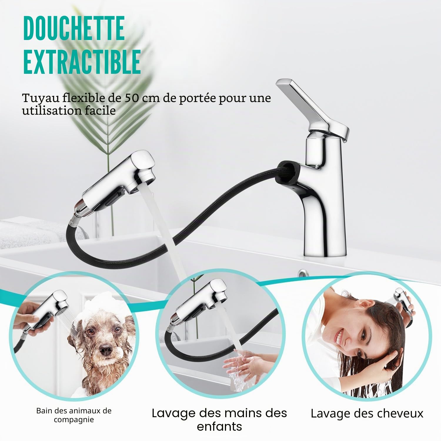 CREA Robinet Salle de Bain avec Douchette Extractible, Robinet de Lavabo Mitigeur et Deux Modes D’écoulement D'eau, Levier Mélangeur Monotrou Laiton Chromé Poli