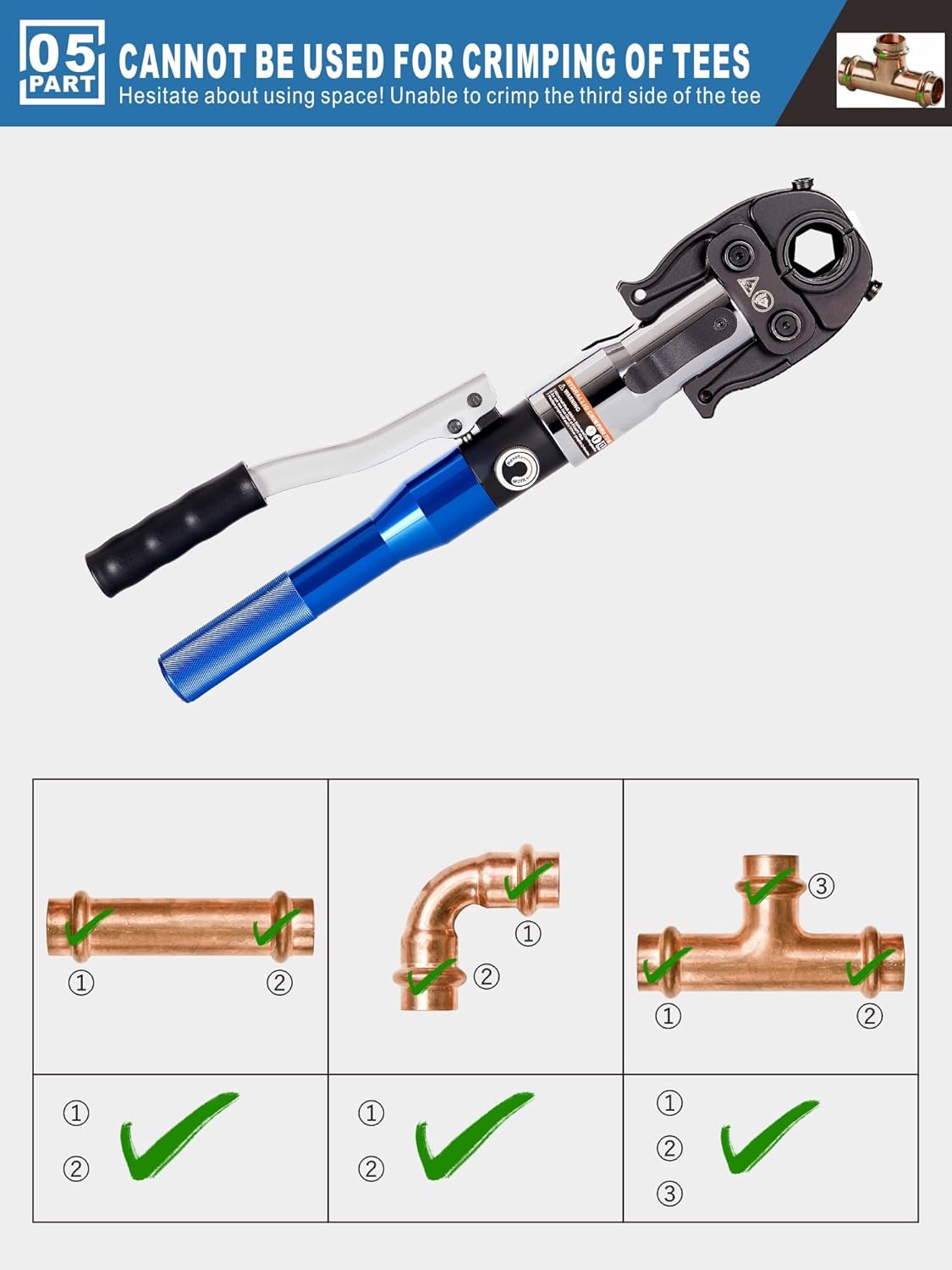 AMZCNC ProPress Tool Kit,Copper Tube Fittings Hydraulic Pipe Crimping Tool with 1/2 inch,3/4 inch and 1 inch Jaw Copper Pipe Press Crimpers Pressing Pliers,Suit for Narrow Space and Tee Fitting