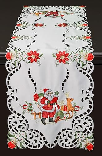 Miniatura 10 de Creative Linens Bufanda de Navidad bordada de Papá Noel, reno, flor de pascua, 19 x 70 pulgadas, decoración blanca para chimenea de invierno