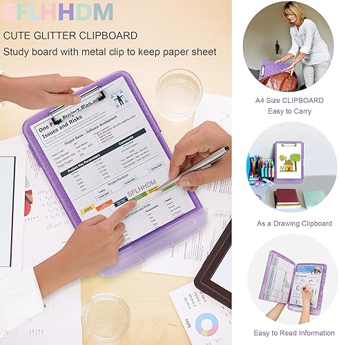 Miniatura 7 de Portapapeles con purpurina con almacenamiento, portapapeles de almacenamiento con soporte para bolígrafos, tableros de clip A4 de 8.5 x 11 pulgadas